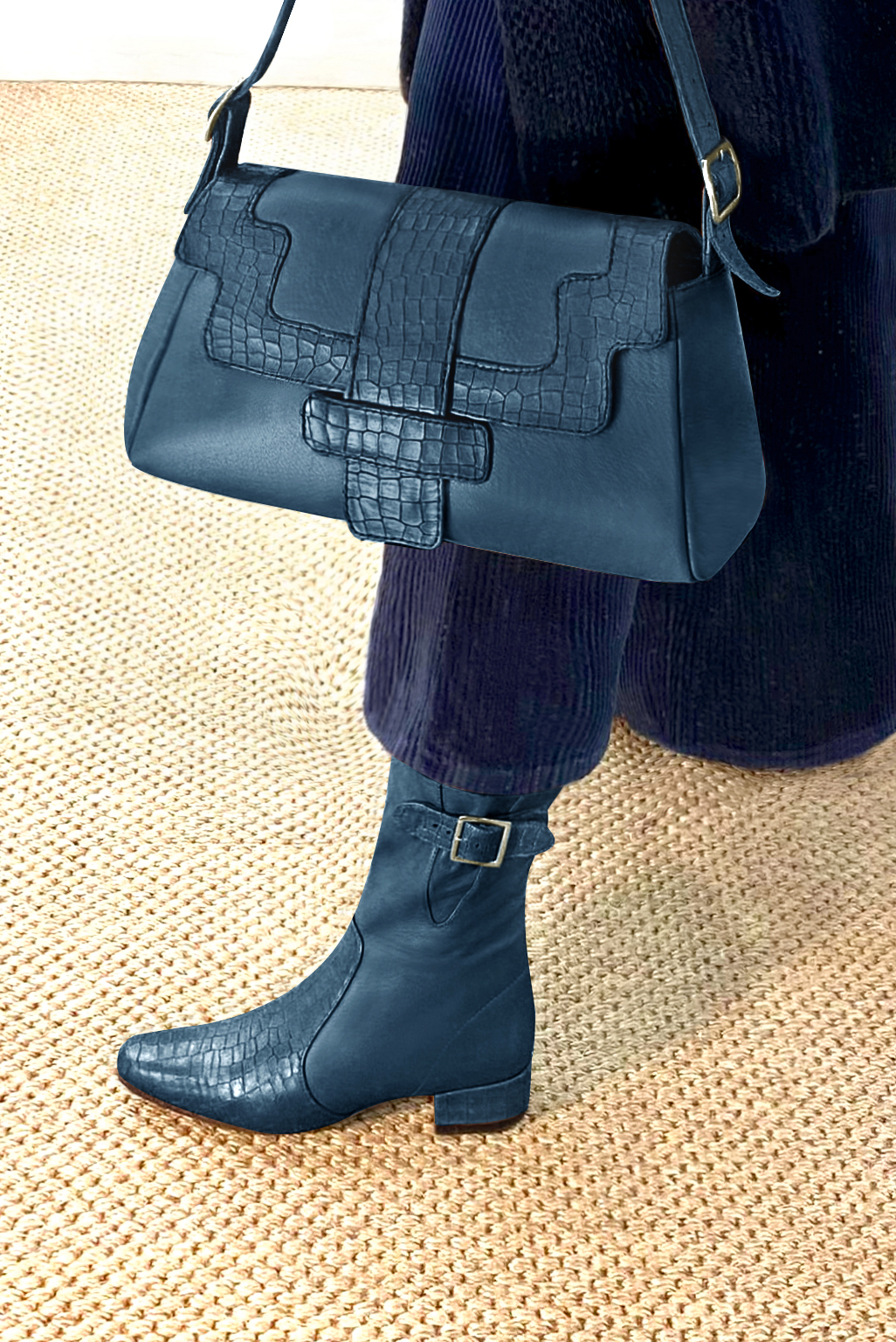 Denim blue women's ankle boots with buckles on the sides. Round toe. Low block heels. Top view - Florence KOOIJMAN
